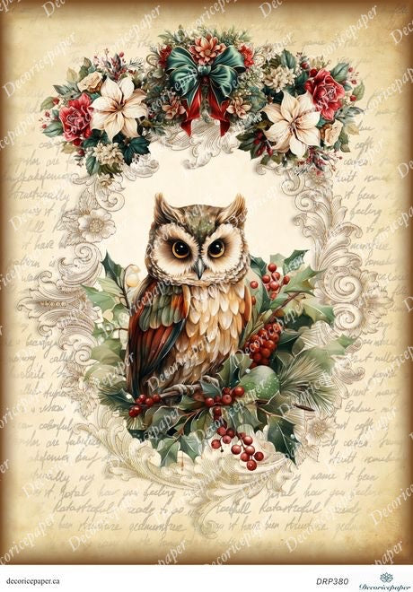 Decorative image of an owl surrounded by flowers and foliage on a textured background.
