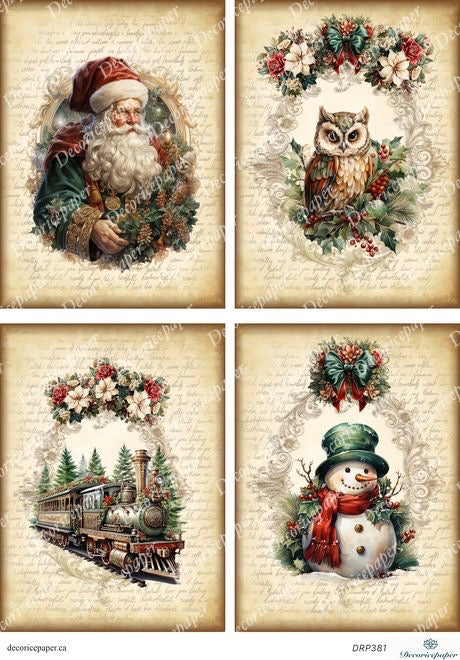 Four vintage-style illustrations featuring Santa Claus, an owl, a train, and a snowman on a textured background.