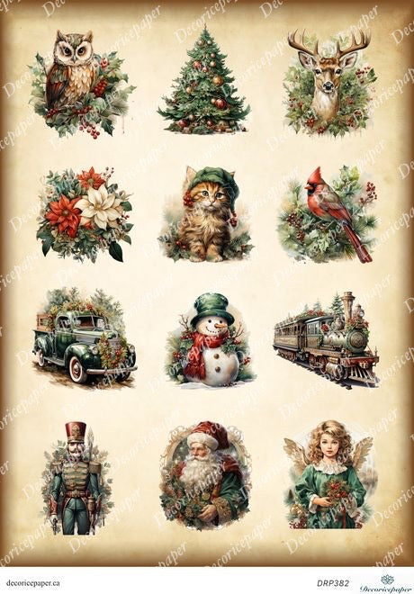 Collection of Christmas-themed illustrations including animals, nature elements, and vintage vehicles on a beige background.