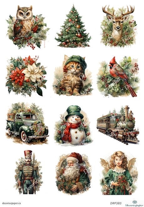 Collection of Christmas-themed illustrations including an owl, tree, deer, flowers, cat, cardinal, truck, snowman, train, Santa Claus, and fairy.