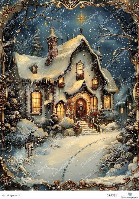 Decorative illustration of a snow-covered house at night with decorative elements.