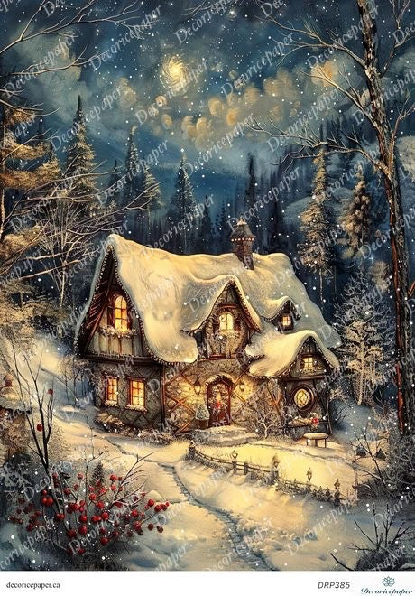 Snowy house in a forest at night with a starry sky
