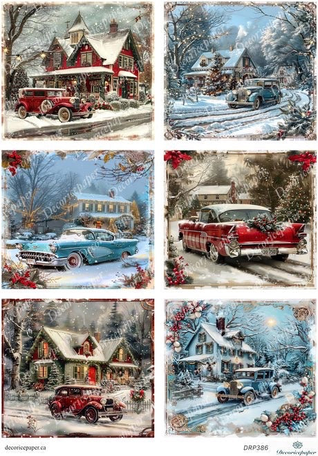 Set of six Christmas-themed cards with vintage cars and snowy landscapes.