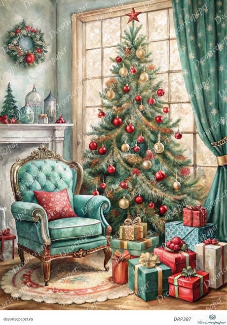 Decorative Christmas scene with a green armchair, Christmas tree, and presents.