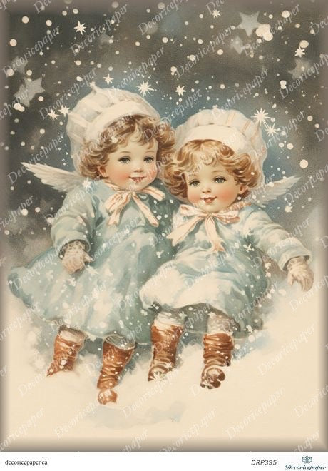 Two children in winter clothing sitting in the snow with a starry night sky.