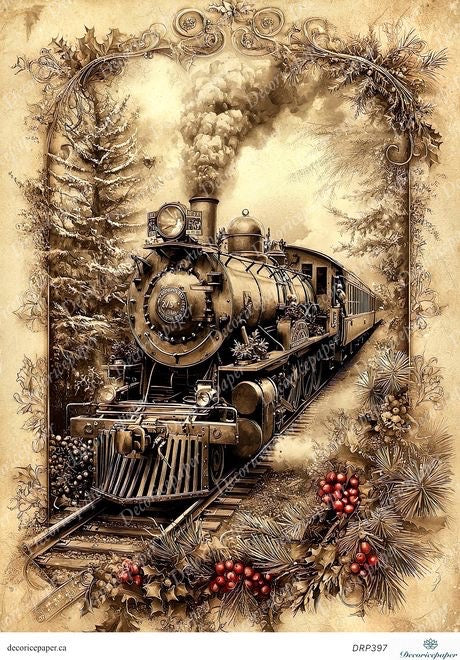 Vintage-style illustration of a steam locomotive with decorative elements on a textured background.