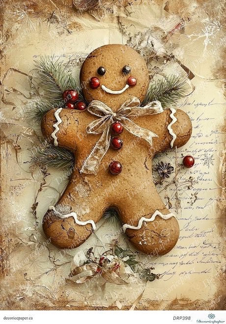 Decorative gingerbread man with a bow on a textured paper background