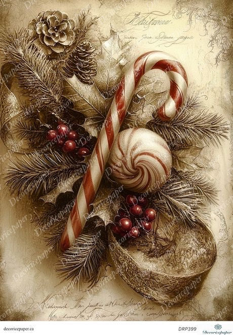 Decorative Christmas arrangement with candy canes, pine cones, and berries on a textured background.