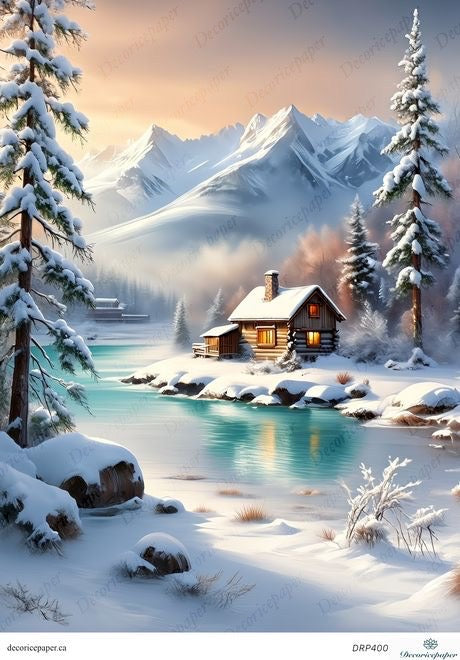 Snowy landscape with a cabin by a lake and mountains in the background