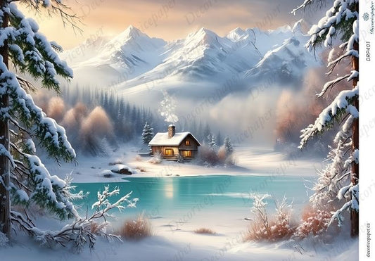 Winter landscape with a cabin by a lake and snow-covered mountains.