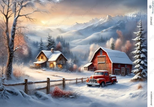 Winter scene with a red truck parked in front of a snow-covered cabin and barn.