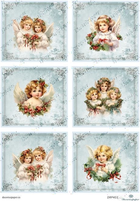 Set of six vintage-style angel illustrations with floral wreaths on a decorative paper background.