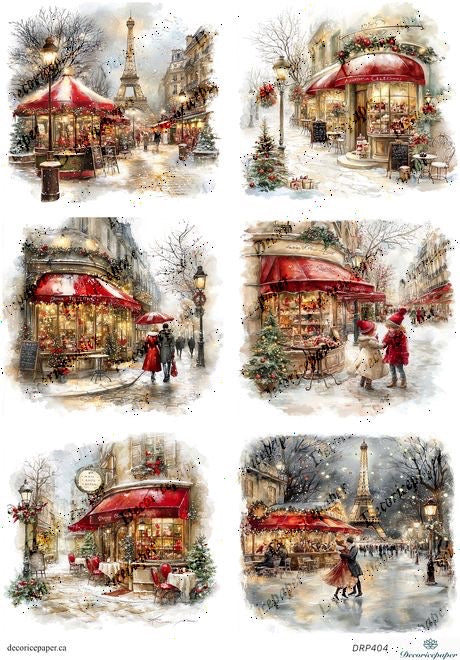 Set of six Christmas-themed images of a snowy street scene with red awnings and people in winter clothing.