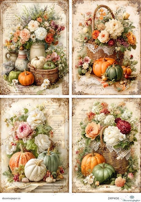 Set of four decorative panels featuring autumn-themed illustrations with pumpkins, flowers, and wicker baskets.
