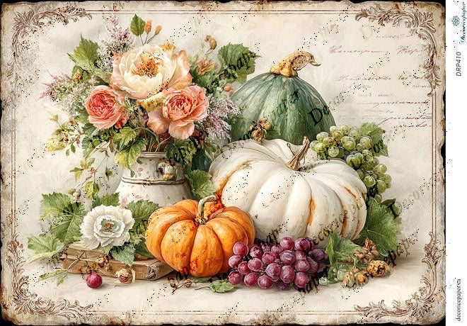 Decorative image of pumpkins, grapes, and flowers on a vintage-style background