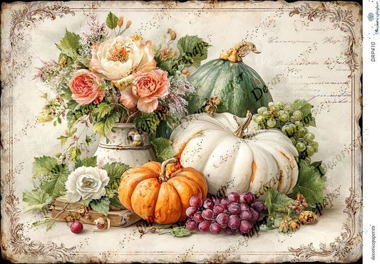 Decorative image of pumpkins, grapes, and flowers on a vintage-style background