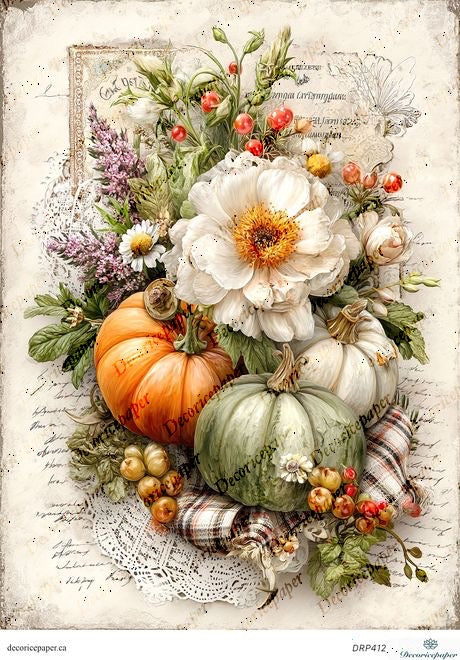 Decorative arrangement of pumpkins, flowers, and berries on a textured background