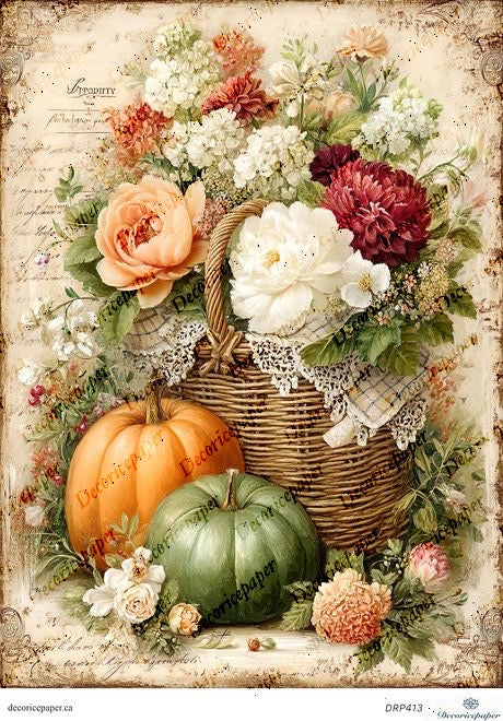 Decorative image with pumpkins, a basket of flowers, and lace on a vintage background.