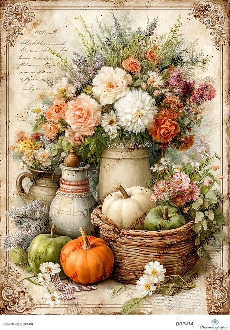 Decorative image of pumpkins, flowers, and a basket on a textured background