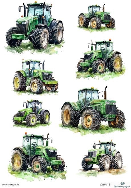 Set of green tractors in various poses on a white background