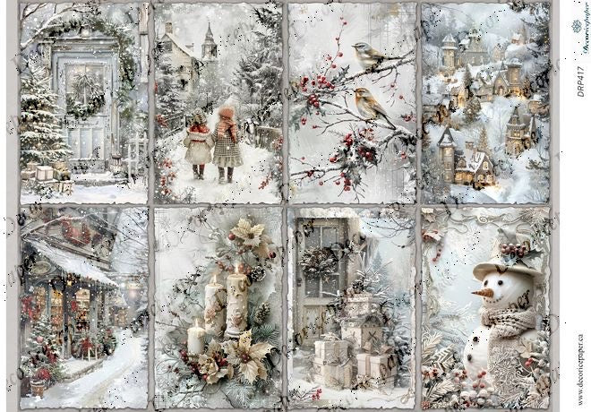 Collage of winter-themed scenes with snowmen, houses, and nature elements.