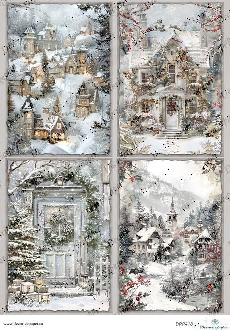 Decorative paper with a winter village scene, featuring snow-covered houses and trees.