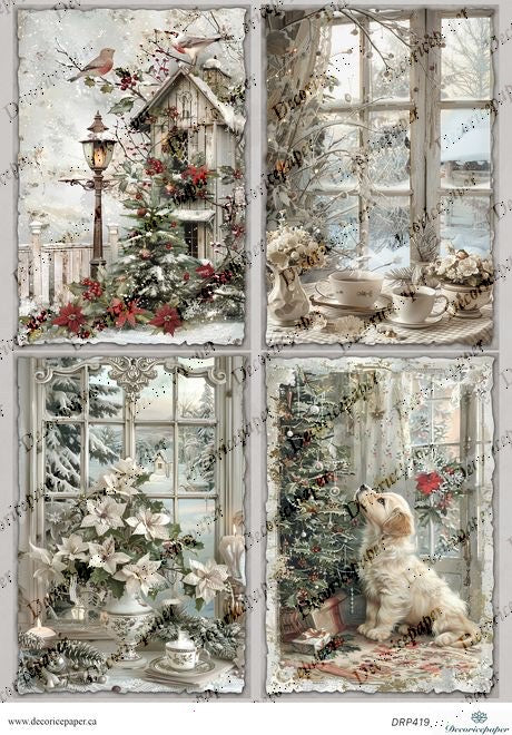 Decorative scene with a dog, Christmas tree, and vintage elements through a window.