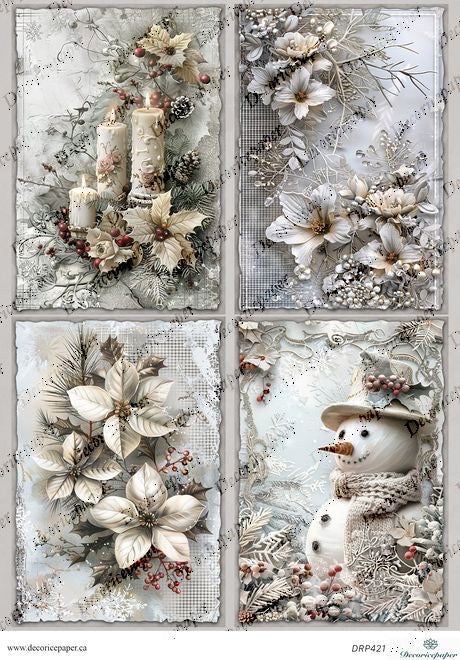 Decorative paper with winter-themed designs including flowers, candles, and a snowman.