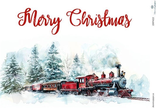 Red steam train on a snowy landscape with 'Merry Christmas' text.
