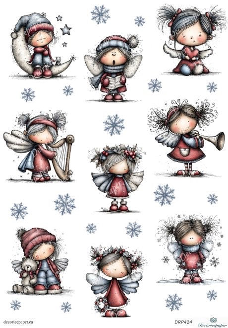 Illustrations of cute fairy-like characters with winter accessories on a snowy background.