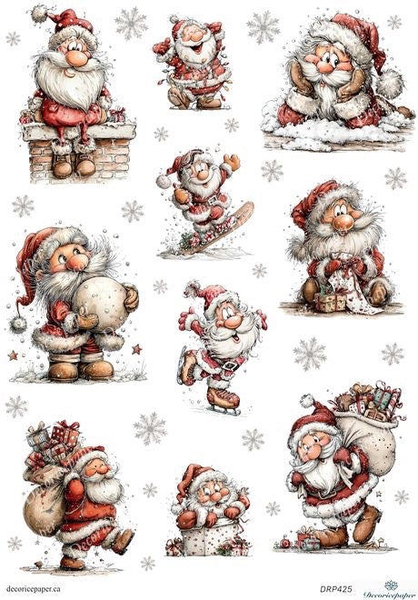 Illustrations of a cartoon Santa Claus in various poses with snowflakes around.