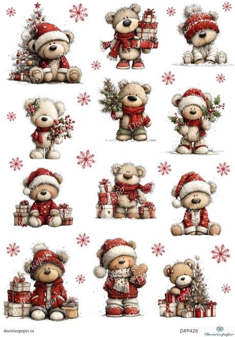 Collection of Christmas-themed teddy bears with Santa hats, scarves, and presents on a white background with snowflake decorations.