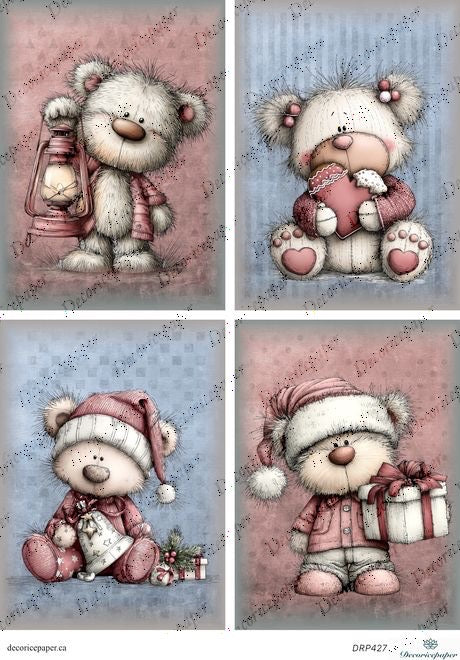Four illustrations of a teddy bear in different poses with decorative elements on a textured background.