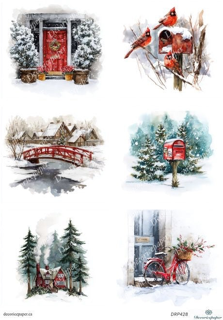 Set of six winter-themed illustrations including a red door, mailbox with cardinals, snowy landscape with bridge, and bicycle with flowers.