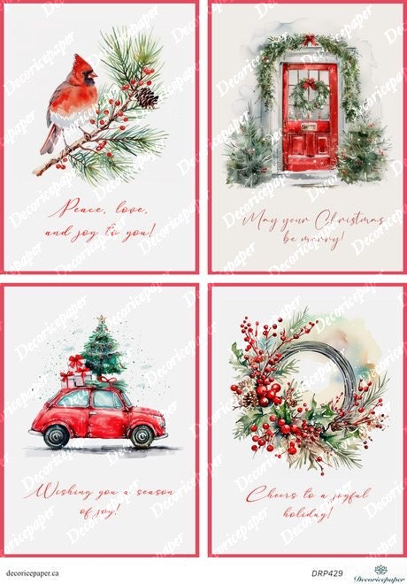 Set of four Christmas-themed cards with cardinal, door, car, and wreath illustrations.