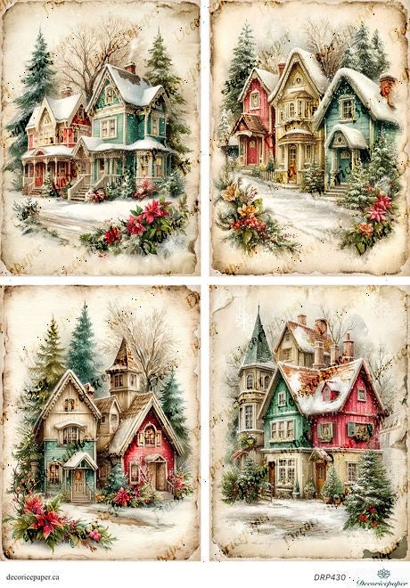 Set of four vintage-style illustrations of snow-covered village houses with Christmas decorations.