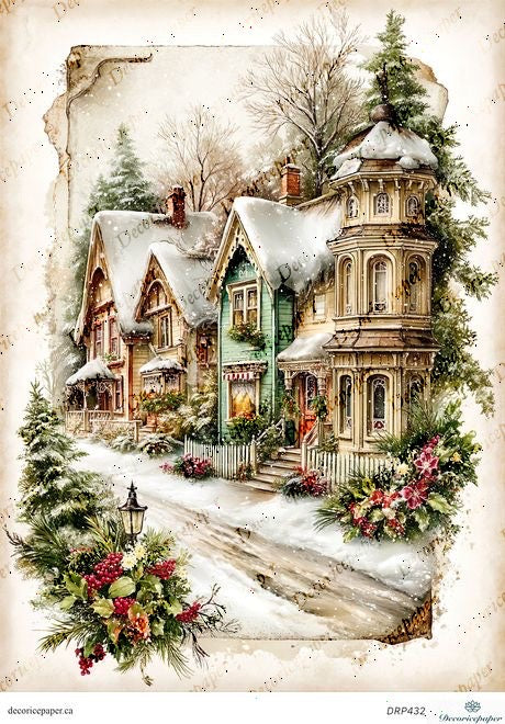 Vintage-style illustration of a snowy village with Victorian houses and decorative elements.