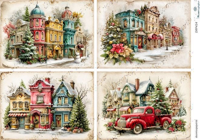 Four Christmas-themed illustrations of a snowy village with colorful houses and a red truck.