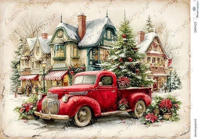 Vintage red truck with Christmas tree in a snowy village scene