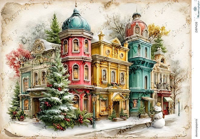 Colourful winter scene with decorative houses and a snowman on a textured background