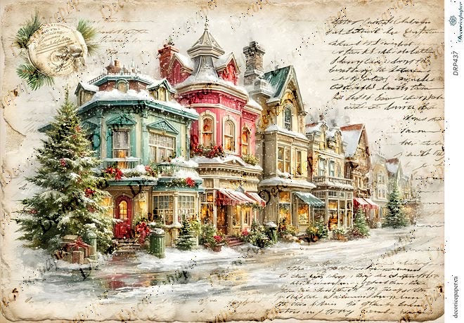 Vintage-style Christmas village scene with colorful houses and decorations.