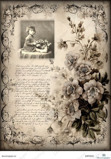 Vintage-style photo with floral elements and decorative text on a beige background