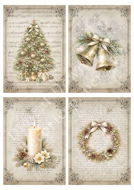 Set of four Christmas-themed cards with tree, bells, candle, and wreath designs on a decorative background.