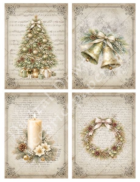 Set of four Christmas-themed cards with tree, bells, candle, and wreath designs on a decorative background.