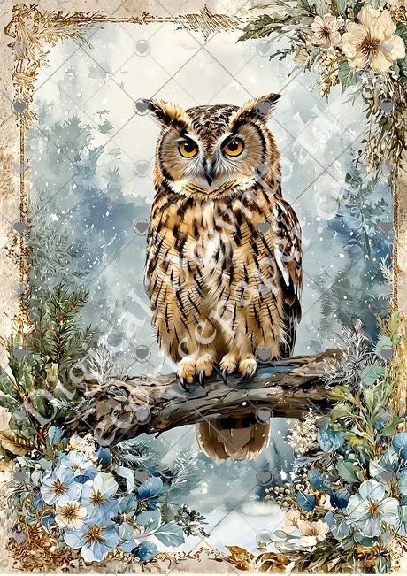 Owl on a branch with floral and decorative border