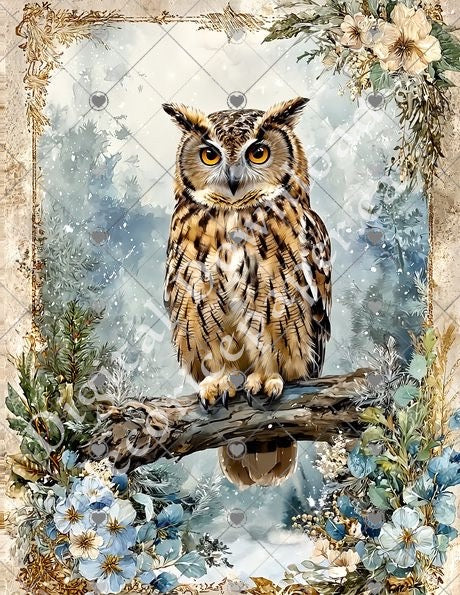 Owl on a branch with floral and decorative frame
