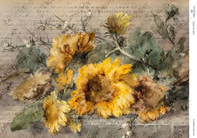 Artistic design of sunflowers and leaves with text overlay