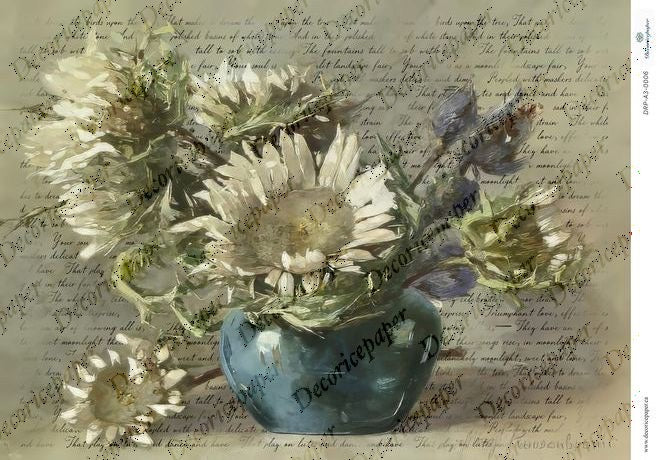 Vintage-style illustration of a blue vase with sunflowers and text overlay on the background