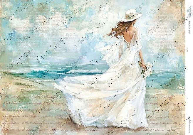 Woman in a white dress and hat standing on a beach with a watercolor effect