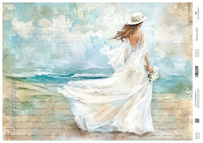 Woman in a white dress and hat standing on a beach with a watercolour effect